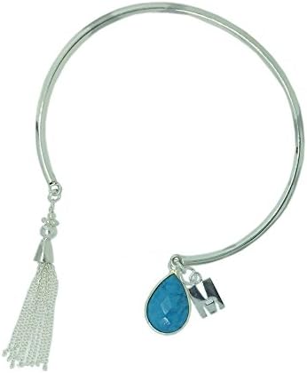 Personalized Sterling Silver Bangle-Tassel Bangle-Initial Letter Bangle (December-Turquoise, Letter H)