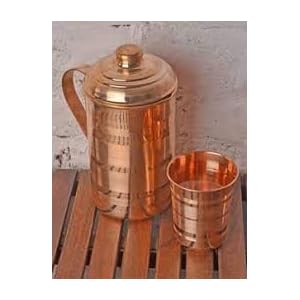 K K Traders 100% Pure Copper Plain Lining Style Jug & One Glass with Lid for Storage & Serving Water in Home & Hotel…