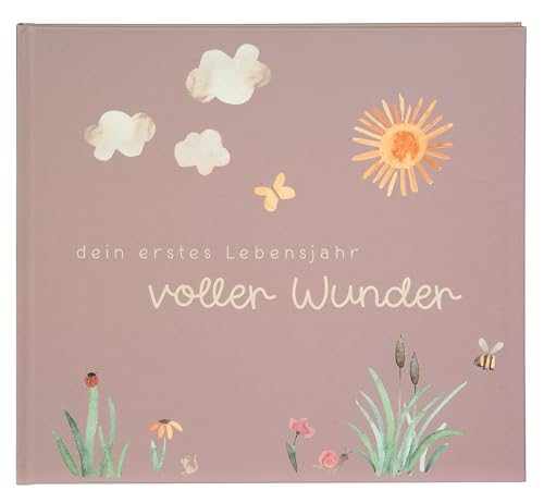 goldbuch 50 511 Baby Diary Full Wonder Meadow Dusky Pink Memory Album with 100 Illustrated Pages Cover with Gold Embossing and Meadow Motif Baby Album Approx. 24.5 x 22.5 x 3.5 cm