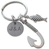 Custom Fish Hook and Tiny Fish Keychain with Hand Stamped Tag; For Couples or Friends Initials, Anniversary Keychain