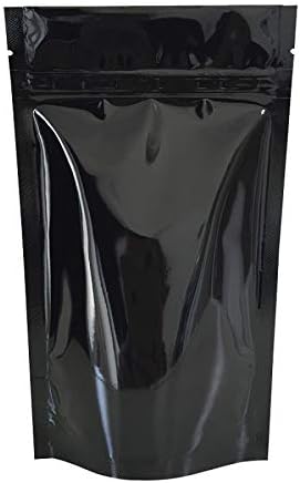 Rightpak Stand Up Pouches 25 Pieces 11cm x 17cm, Black Shiny Heat Sealable Tear Notches Smell Proof for Food Storage With Ziplock