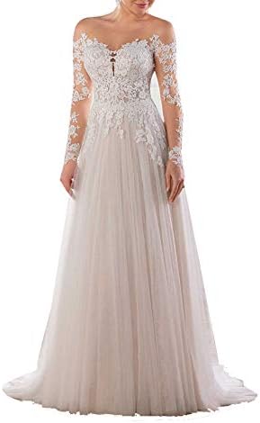 LanBen Pretty 2019 A Line Deep V Neck Backless Lace Applique Long Sleeve Wedding Dresses for Women Plus Size Bridal Gown