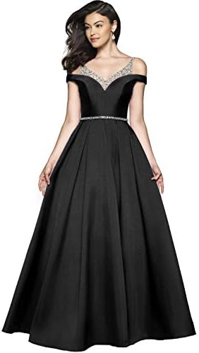 YGSY Women's Cold Shoulder V Neck Pleated Satin A-line Evening Prom Dress Long Formal Party Gown with Beaded Bodice