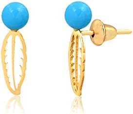 Carol Jewelry 18k Hypoallergenic Yellow Gold Feather with Natural Turquoise Stone Push Back Stud Earrings for Girls, Children and Infants