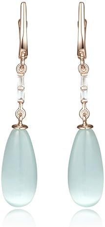Lanfeny Rose Gold Plated 925 Sterling Silver Long Dangle Earrings with Soft Aqua Blue Color Teardrop cat eye and CZ