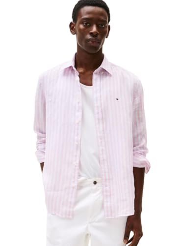 Tommy Hilfiger Men’s Linen Stripe Regular Long Sleeve Shirts, Classic Pink/Stripe X-Small