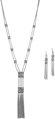 Silvertone Vintage Style Crystal Flower Cluster Tassel Necklace and Earring Set