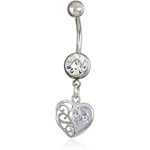 Women's Surgical Silver Stainless Steel Cubic Zirconia Belly Body Piercing Jewelry Ring With Filigree Heart Charm, One Size