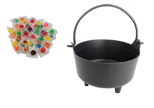 Halloween Cauldron Candy Bowl (Size: 9.5" x 6") with 140 Suckers Candies | Witch Serving Cauldron Bowl, Candy Bucket, Trick N Treat Bowl, Halloween Party Supplies