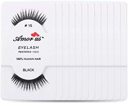 Amorus 12 Pairs Multipack #15 False Eyelashes Dozen Set 100% Natural Hair Black Handmade Comfortable Reusable Strip Fake Lashes Pack