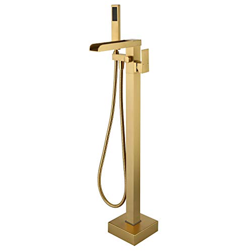 Wowkk Freestanding Bathtub Faucet Brushed Gold Waterfall Tub Filler