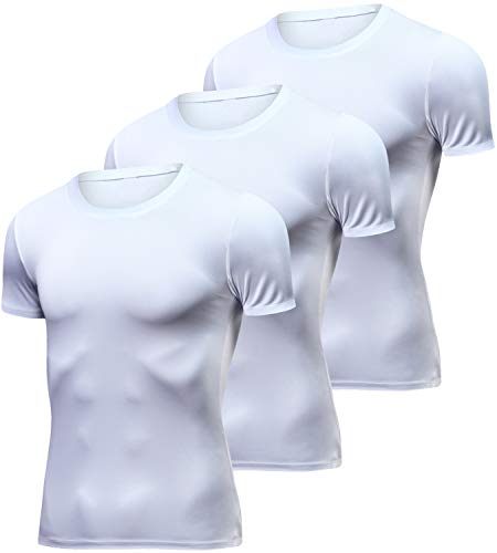 Lavento Men's Compression Shirts Cool Dry Short-Sleeve Workout Undershirts (3 Pack-Crew Neck White,Large)