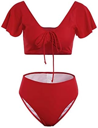 VamJump Women's Ruffle Cap Sleeve Tie Front High Waisted 2PCS Swimsuit