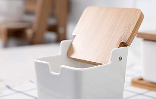 VanEnjoy White Ceramic Sugar Spice Containers Porcelain Jar Set with Flip Bamboo Lids, Tray and Spoons,Square Condiment Serving Tea,Coffee,Spice,Salt Set of 3