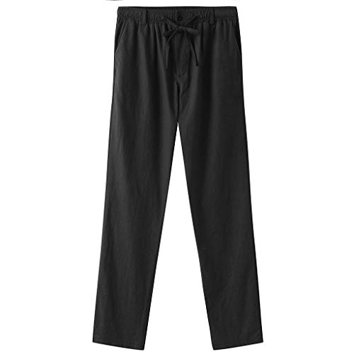 Men's Joggers Linen Breathable Loose Long Pants Solid Color Straight Trousers Black