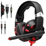 RUNMUS Gaming Headset Xbox One Headset with 7.1 Surround Sound Stereo, PS4 Headset with Noise Canceling Mic &amp; LED Light, Compatible with PC, PS4, Xbox One Controller(Adapter Needed), Nintendo Switch