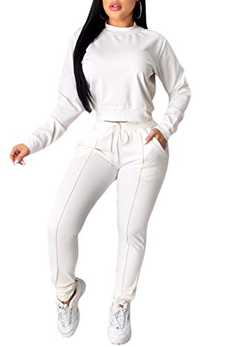 Women Solid Color 2 Piece Outfits Set, Long Sleeve Crew Neck Top and Long Pants Tracksuit Sportswear Sweatsuit (White, L)