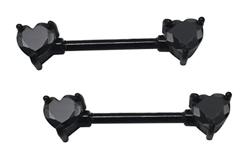 14G ear piercing earring stainless steel double gem Cubic CZ zircon piercing nipple ring (Black heart 2pcs)