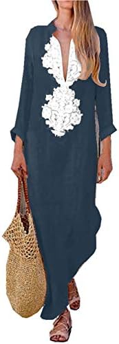 Asskdan Women's Floral Printed Cotton Linen Long Sleeve Solid Loose V Neckline Boho Long Dress Kaftan Casual Dress
