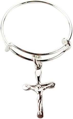 Ladies Sterling Silver Bangle Ring with Catholic Cross Crucifix Charm, One Size