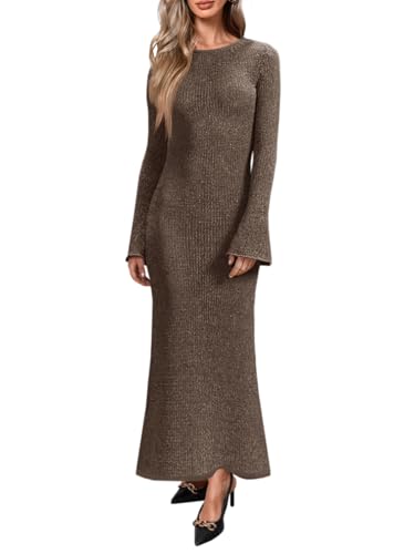 Yousify Womens Bell Long Sleeve Maxi Dress Casual Crewneck Knit Slim Fit Flowy Sweater Dresses