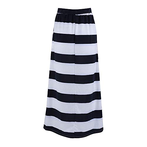 Clearance! Elogoog Womens Casual Elastic Waist Stripe Skirt Stretch Hight Waist Stripe Maxi Long Skirts with Pockets (L, Dark Blue)