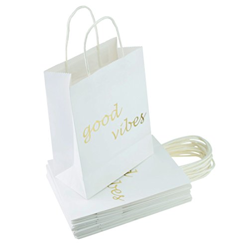 FOONEA 12 Pack Paper Bags, Good Vibes Gold Foil Printed with Handles, Wedding Welcome Gift Bags for Hotel Guests, Bridal Baby Shower Shopping Birthday Party Favors