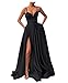 Black Prom Dress 2025 Long Satin Maxi Spaghetti Straps High Slit Formal Dress for Women Ball Gown with Pockets US16