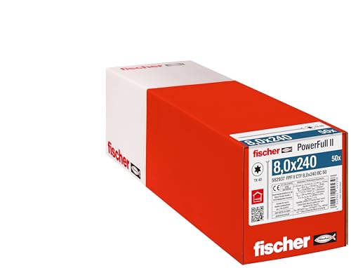 fischer PowerFull II 8.0 x 240, Premium Fully Threaded Screw (Pack of 50) with Innovative Tip Geometry, Steel Screw for Supporting Wooden Constructions with Countersunk Head, Reduces Splitting Risk