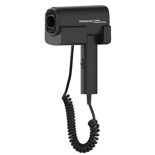 Dxmocos Professional Wall Mounted Hair Dryer – 1600W High-Speed Hotel Bathroom Hair Dryer for Men & Women with Spiral Cord, 3-Speed Settings, Low Noise, Overheat Protection (Black)