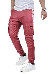 GINGTTO Mens Red Faux Leather Cargo Pants Slim Fit