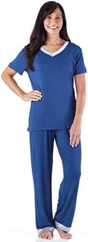 Pajama Heaven Women's Sleepwear Nightwear Bamboo Jersey V-Neck Top and Trouser Pants Pyjama Set with Satin Trim
