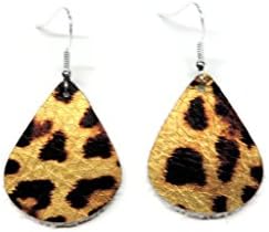 Handmade Gold Cheetah Leopard Pattern Small Teardrop Leather Earrings