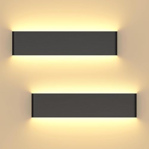 Sunsign 40cm Lámpara de Pared Moderna, 8-12W Lámpara de Pared para Baño,LED Para Interior, Dormitorio/Sala de Estar/Comedor/Pasillo, 2 piezas (Negro+Luz cálida)