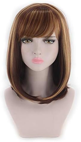 Thrift Bazaar® Womens Hair Wigs Natural Looking Short Straight Bob Cut Synthetic Medium Brown Mix Blonde Highlights Hairs Replacements for Females