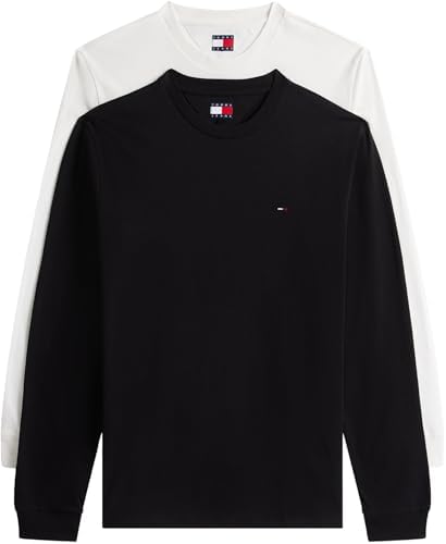 Camisetas de Manga Larga Pack de 2 Hombre Slim con Cuello Redondo, Blanco (Ecru/Black), M