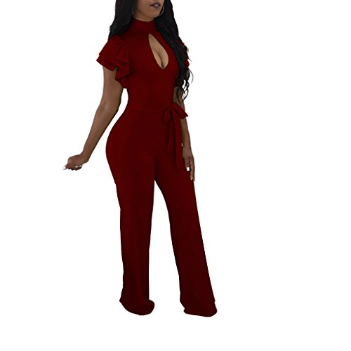 Women's Sexy Ruffles Short Sleeve Solid Hollow Out Loose Wide Legs Party Mini Club Jumpsuits Romper