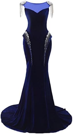 Women's Symmetrical Trumpet Mermaid Velvet Long Evening Dress with Beaded Tassel