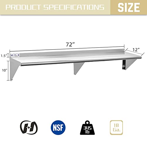 Hally Stainless Steel Shelf 12 x 72 Inches 345 lb, NSF Commercial Wall