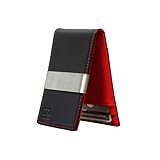 F&H Minimalist Slim Leather Wallet Money Clip Holds 8 Cards (Smooth Black / Red)
