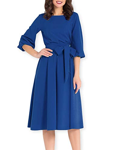 AOOKSMERY Women Elegance Audrey Hepburn Style Round Neck 3/4 Puff Sleeve Puffy Swing Midi Dress with Belt (Sapphire, Medium)