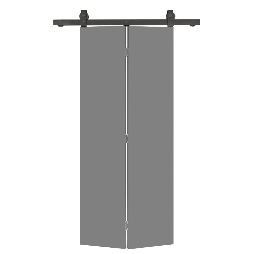 Photo 1 of 24 in. x 80 in. Light Gray Smooth Flush Hardboard Hollow Core Composite Bi-Fold Barn Door with Sliding Hardware Kit