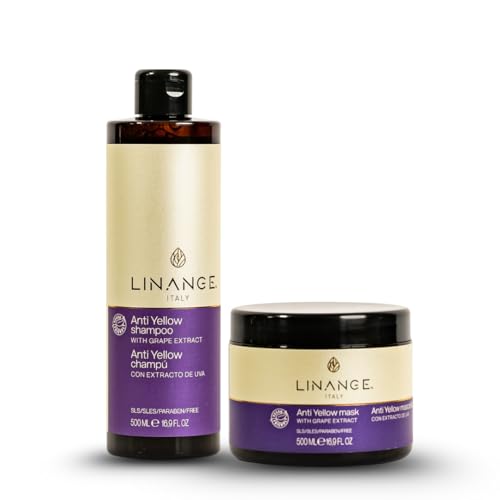 Linange No Yellow Shampoo and Mask Home Kit | Neutralizes Brassiness in Blonde, Bleached, and Grey Hair | Enriched with Grape Extract and Violet Pigment for Hydration and Shine (2×16.9 fl oz)
