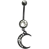 Zynova 14G Black Moon Dangle Belly Button Ring for Women 316L Surgical Steel CZ Crescent Dangling Belly Navel Barbell Rings Navel Piercing Jewelry