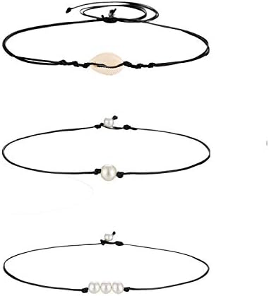 Strain Single Pearl Choker Necklace for Women Girls Summer Beach Black Leather Choker Shell Necklace Set,3Pcs