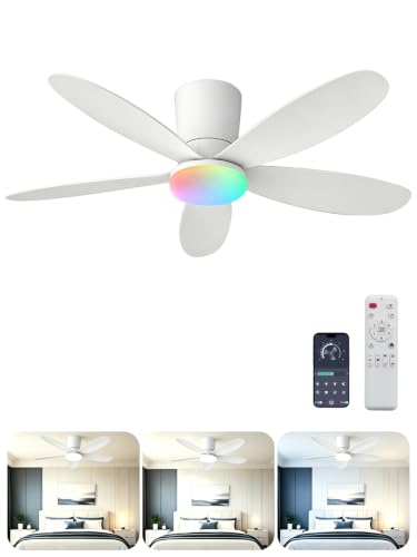 AILRINNI 107CM Ceiling Fan with RGB Light, Low Profile Recessed Ceiling Fan, Remote Control and APP, 5 Reversible Blades, RGB+3 Colour Temperatures, Dimmable LED Fan for Living Room Bedroom