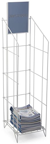 Displays2go Floor Newspaper Rack, Papers/Magazines, Sign Header, Folding, White Steel (LRWRC912WT)