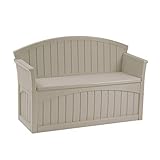 Suncast 50 Gallon Patio Bench with Storage - Decorative Resin Outdoor Patio Bench for Deck, Patio, Garden, Backyard - Ideal for Storing Toys, Cushions, Tools - Taupe
