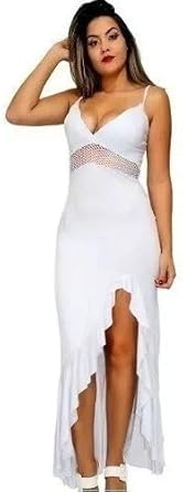 vestido longo fenda babado