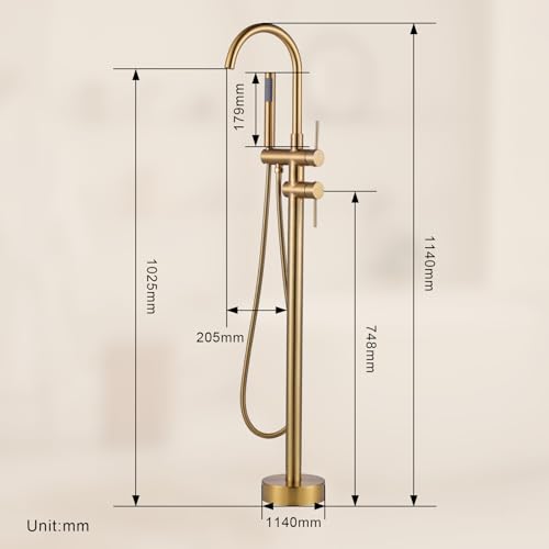 ARCORA Floor Bathtub Tap, Freestanding Bathtub Mixer, Pillar Bathtub Tap with Hand Shower, 360° Swivel, Copper and Stainless Steel, Ceramic Cartridge, Gold
